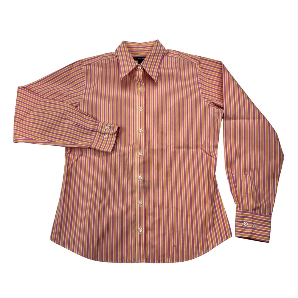 Lands End Womens Pink Orange Striped Button Down Shirt Long Sleeve Size 4
